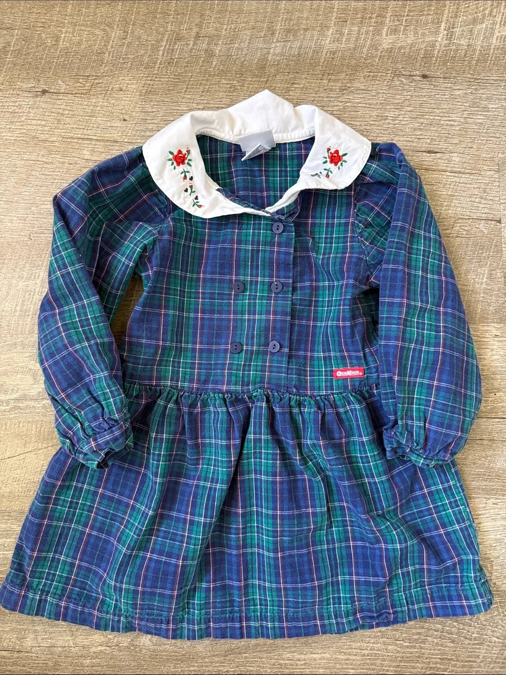 Vintage OshKosh B'gosh Blue & Green Plaid Dress with Embroidered White Collar 4T